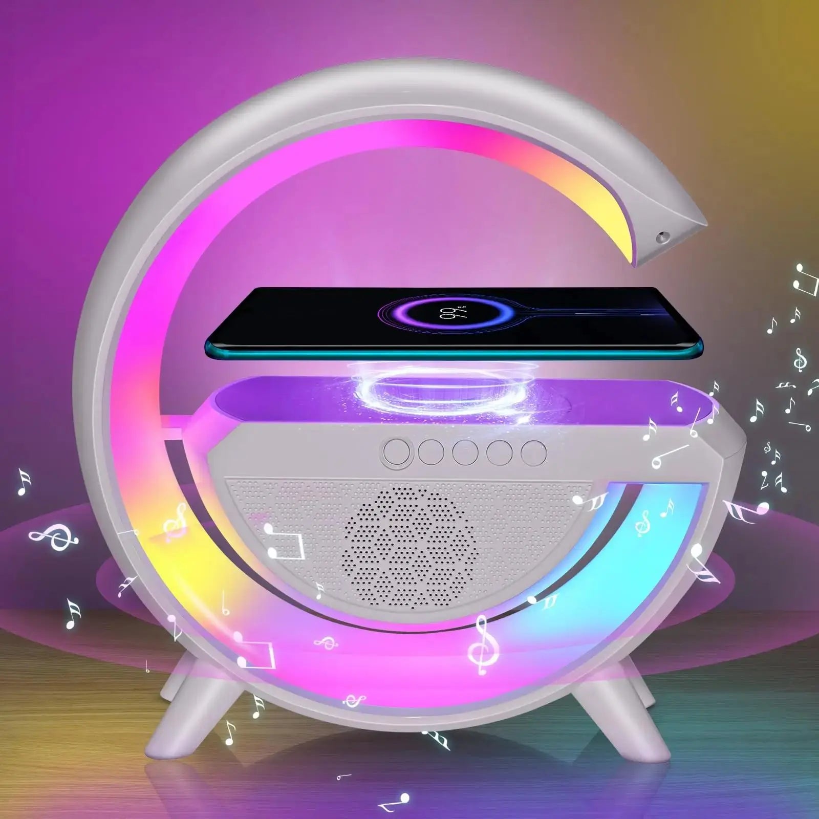 G-Shaped Bluetooth Speaker, 1 Piece Multifunctional Automatic Atmosphere Night Light, Wireless Charging Connection Music Timer Alarm Clock LED Lights for Bedroom Home Room Decor, Room Accessories