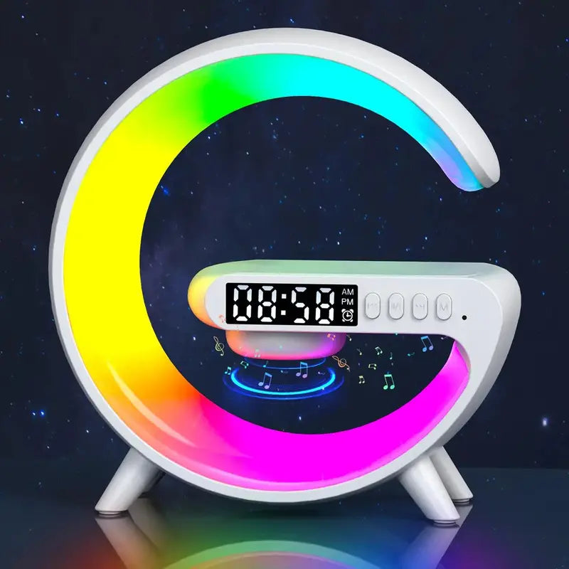 G-Shaped Bluetooth Speaker, 1 Piece Multifunctional Automatic Atmosphere Night Light, Wireless Charging Connection Music Timer Alarm Clock LED Lights for Bedroom Home Room Decor, Room Accessories