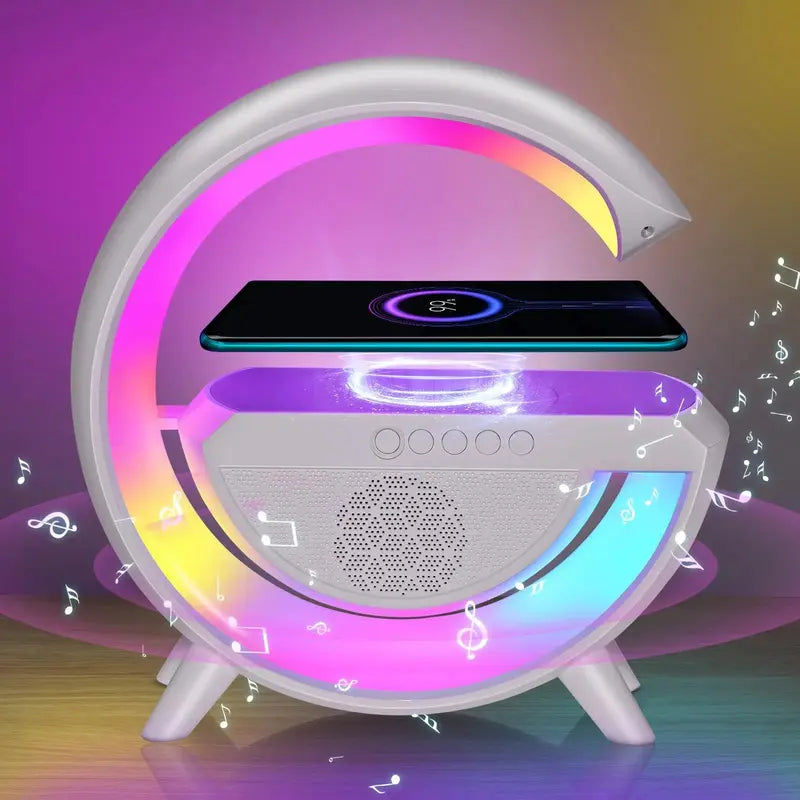 G-Shaped Bluetooth Speaker, 1 Piece Multifunctional Automatic Atmosphere Night Light, Wireless Charging Connection Music Timer Alarm Clock LED Lights for Bedroom Home Room Decor, Room Accessories