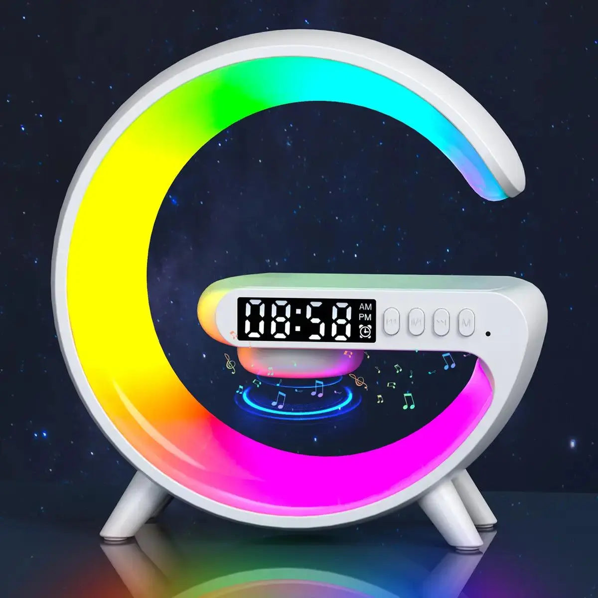 G-Shaped Bluetooth Speaker, 1 Piece Multifunctional Automatic Atmosphere Night Light, Wireless Charging Connection Music Timer Alarm Clock LED Lights for Bedroom Home Room Decor, Room Accessories